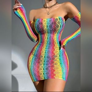 Rainbow Striped Hollow Out Bandeau Bodycon Dress & Arm Sleeves